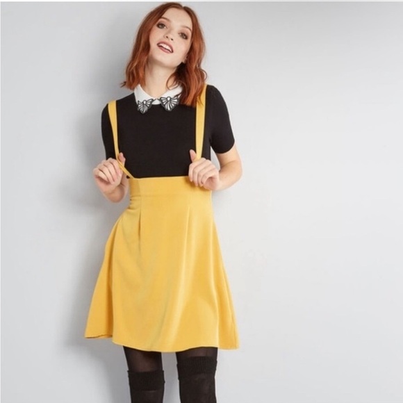 Modcloth Mustard Yellow Suspender Skirt Dress – Retro Inspired Fit & Flare Large - Picture 1 of 10